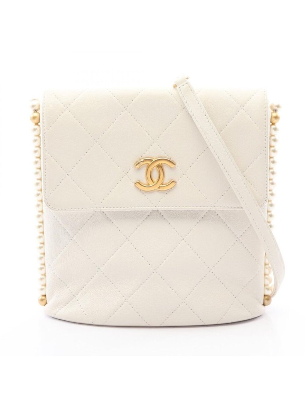 Chanel Shoulder Bag Quilted Faux Pearl White Leather Chain